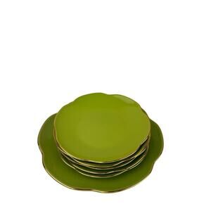 CASATI Fine Porcelain Green Gold Trim Scalloped Dinner Plate & Salad Plate Set
